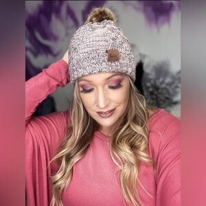 Grey and pale blush Pom Pom fleece lined beanie